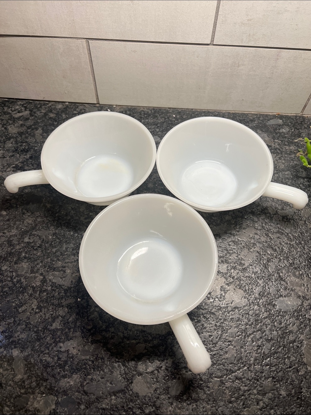 Fire King Milk Glass Soup Bowls with Handle - Set of 3. Exc condition